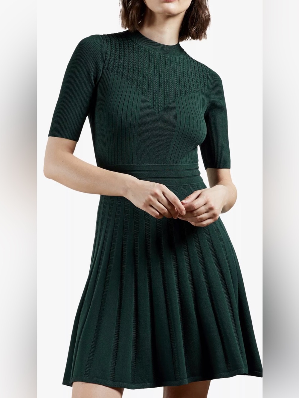Ted Baker Dark Green Rib-Knit Short Sleeve Fit & Flare Dress